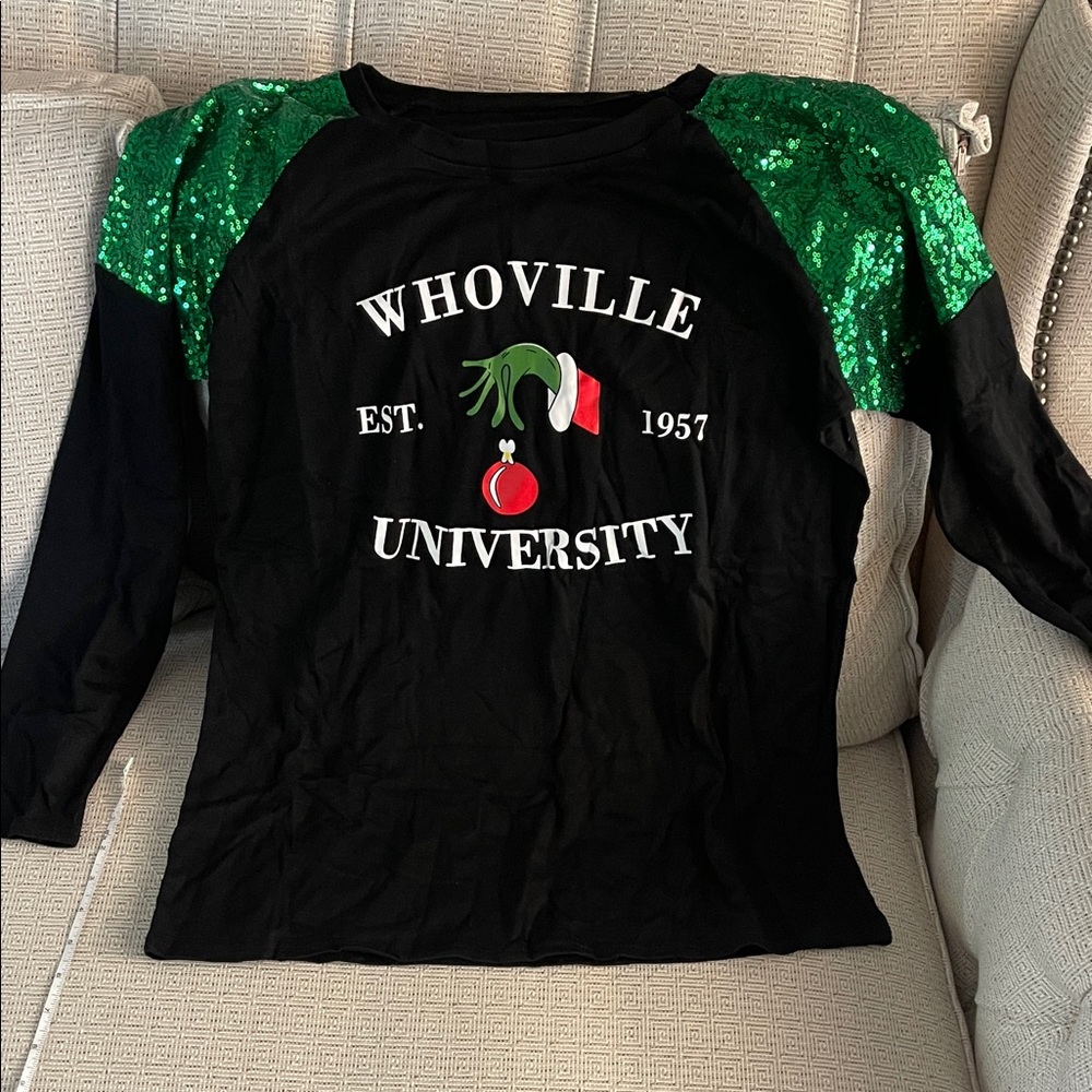 Whoville University women’s Black and Green Sequin Top medium nwt
